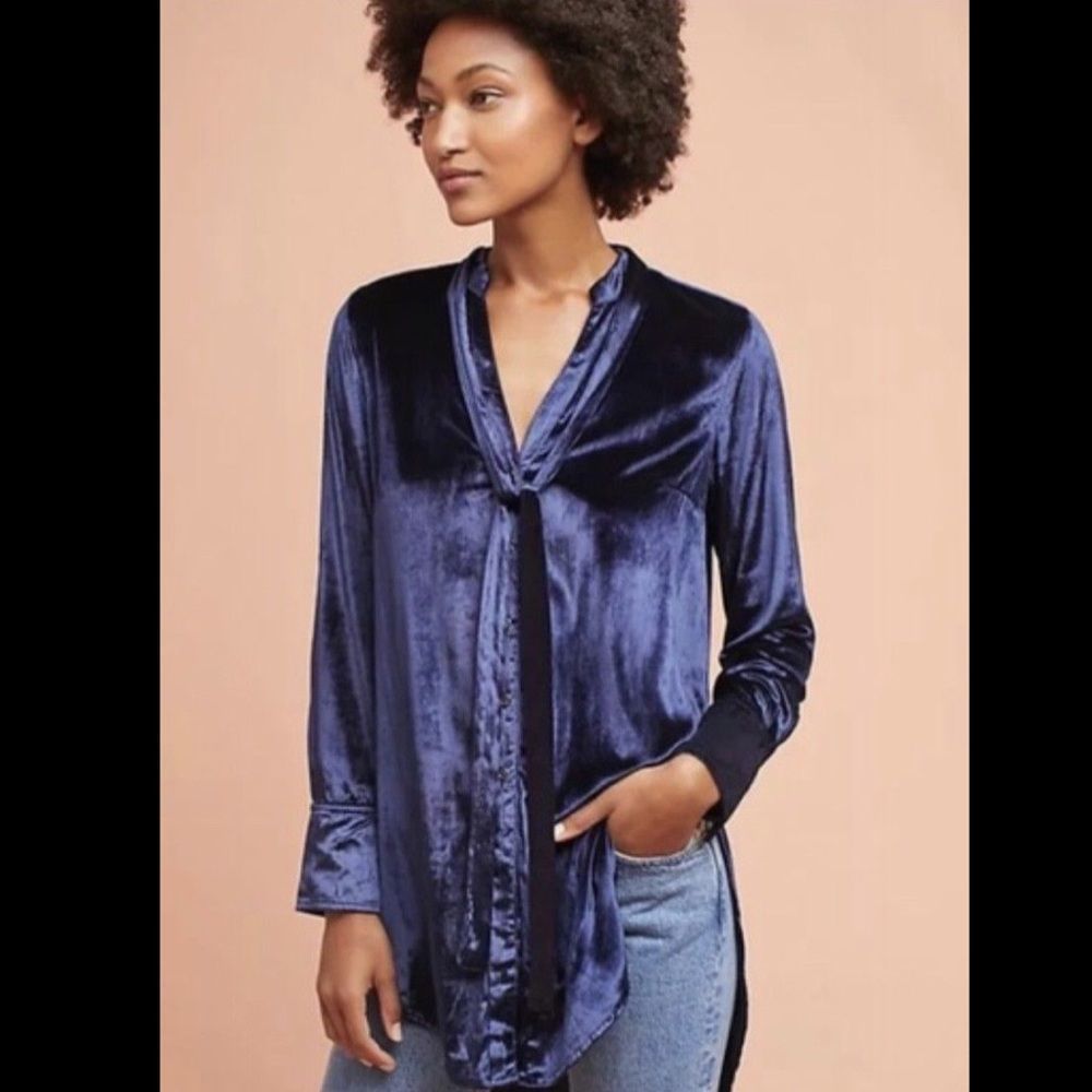 Mauve blue Tie Neck Button Down Hi Lo Tunic 4 - Picture 2 of 4